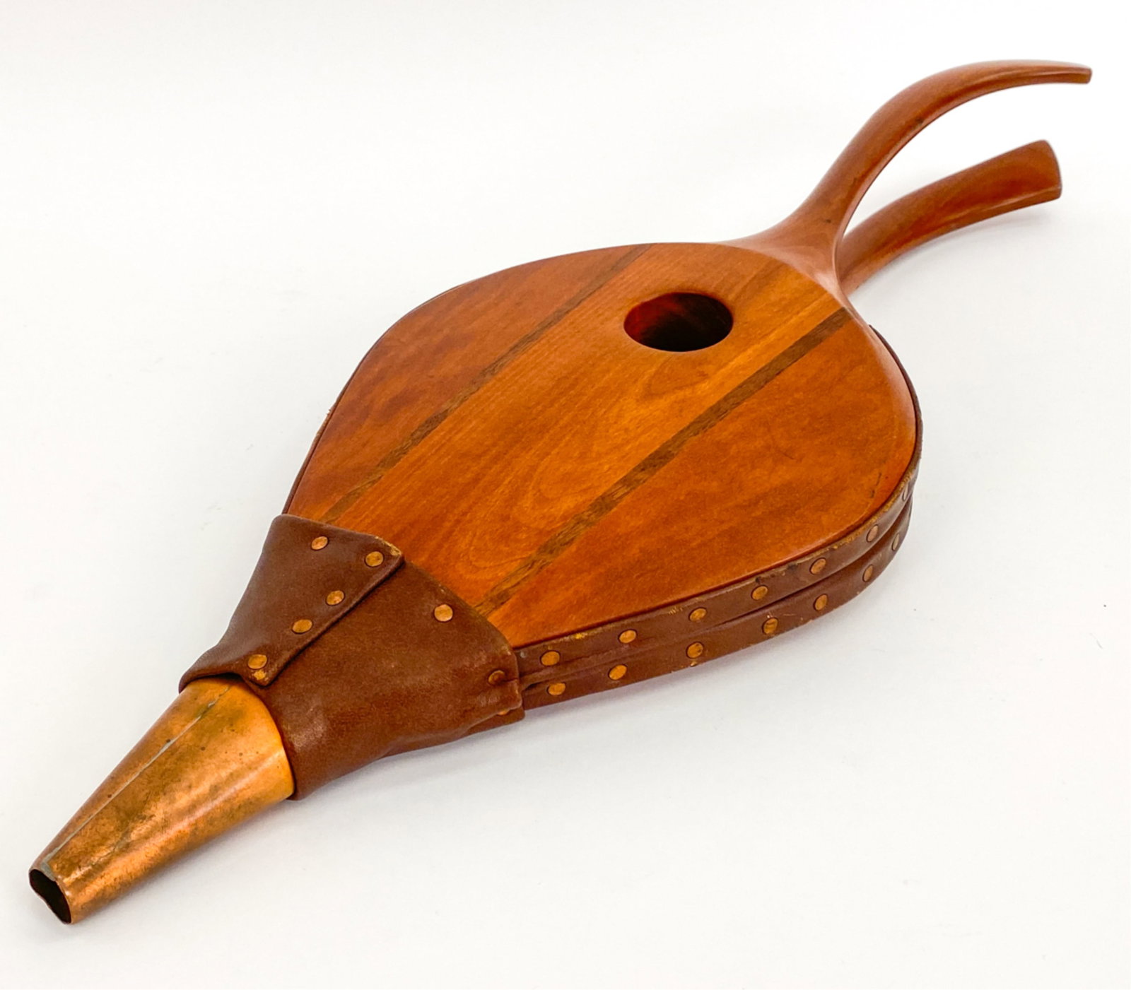 ARTISAN MADE WOODEN BELLOWS: Wood with inlay, leather and copper. Apparently unmarked. Dimensions: H 3" x W 22" x D 7.5" Condition: Light handling.