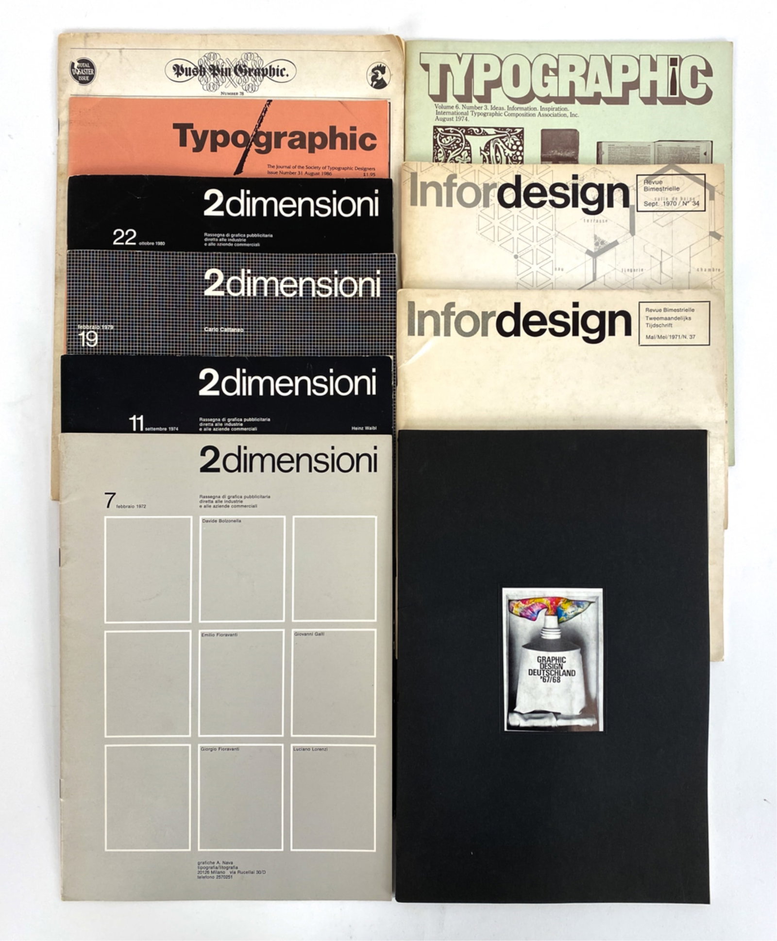 (10) VOLUMES OF MODERN GRAPHIC DESIGN: Including Seymour Chwast's Push Pin Graphic, Typography, 2dimensioni, etc. Dimensions: (Stack) H 1.5" x W 12" x D 9" Condition: Minor surface wear, creases, soiling and toning consistent with age and 