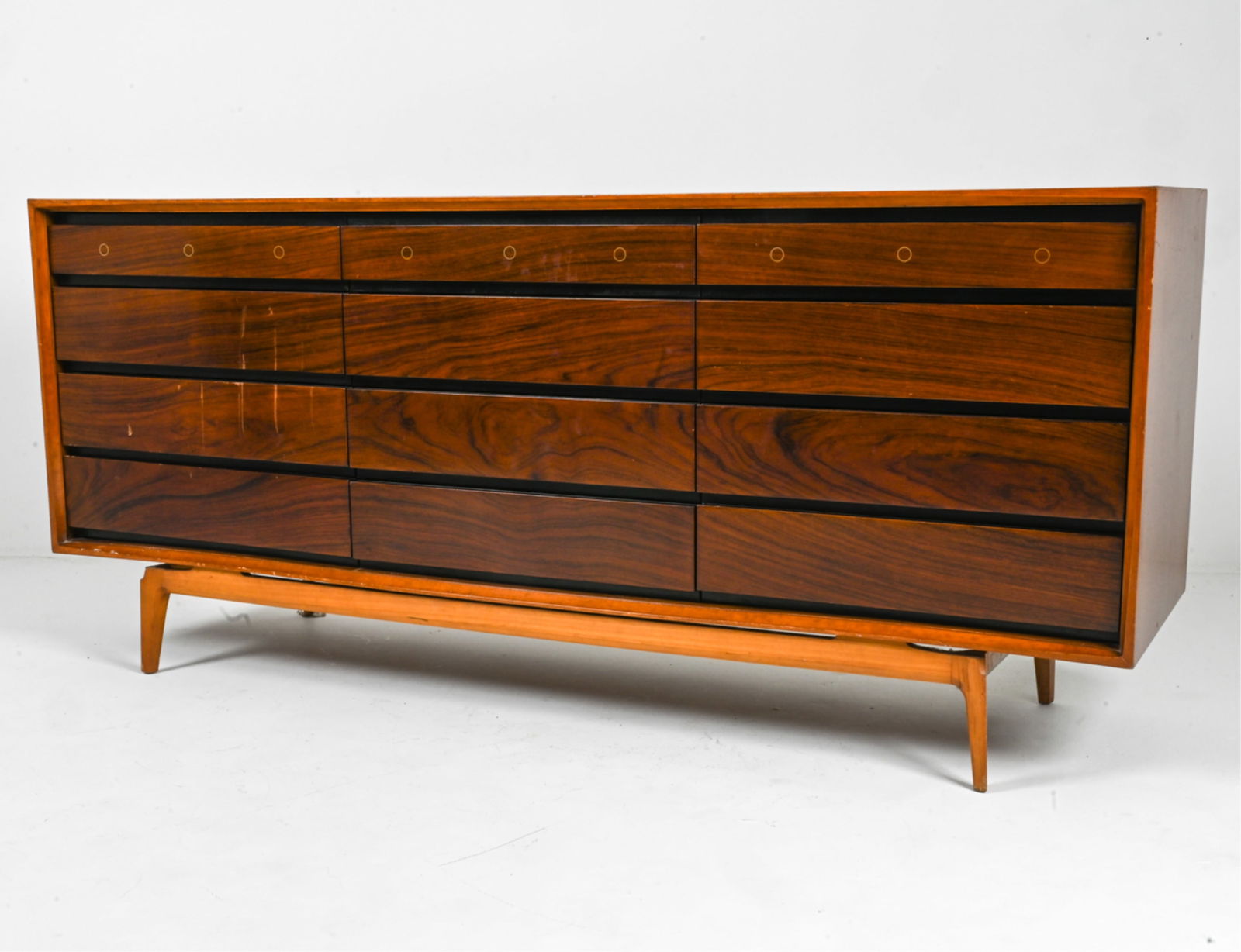 DE COENE FRERES WALNUT & ROSEWOOD DRESSER, C. 1960: Fantastic Mid-Century two-tone chest of drawers in walnut and rosewood, with circular brass inlay at the top drawer fronts. Produced by De Coene Freres of Belgium, c. 1950-1960. Likely designed by Fre