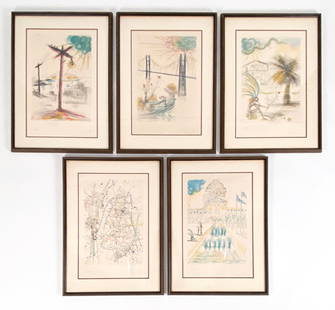 (5) SALVADOR DALI SAN FRANCISCO SUITE 1970: 5 framed color etchings. All pencil signed, numbered LXXII/LXXV. Includes original portfolio with title page. Dimensions: (Frame) H 33" x W 24" (Sight) H 25" x W 16.5" Condition: Light age toning to