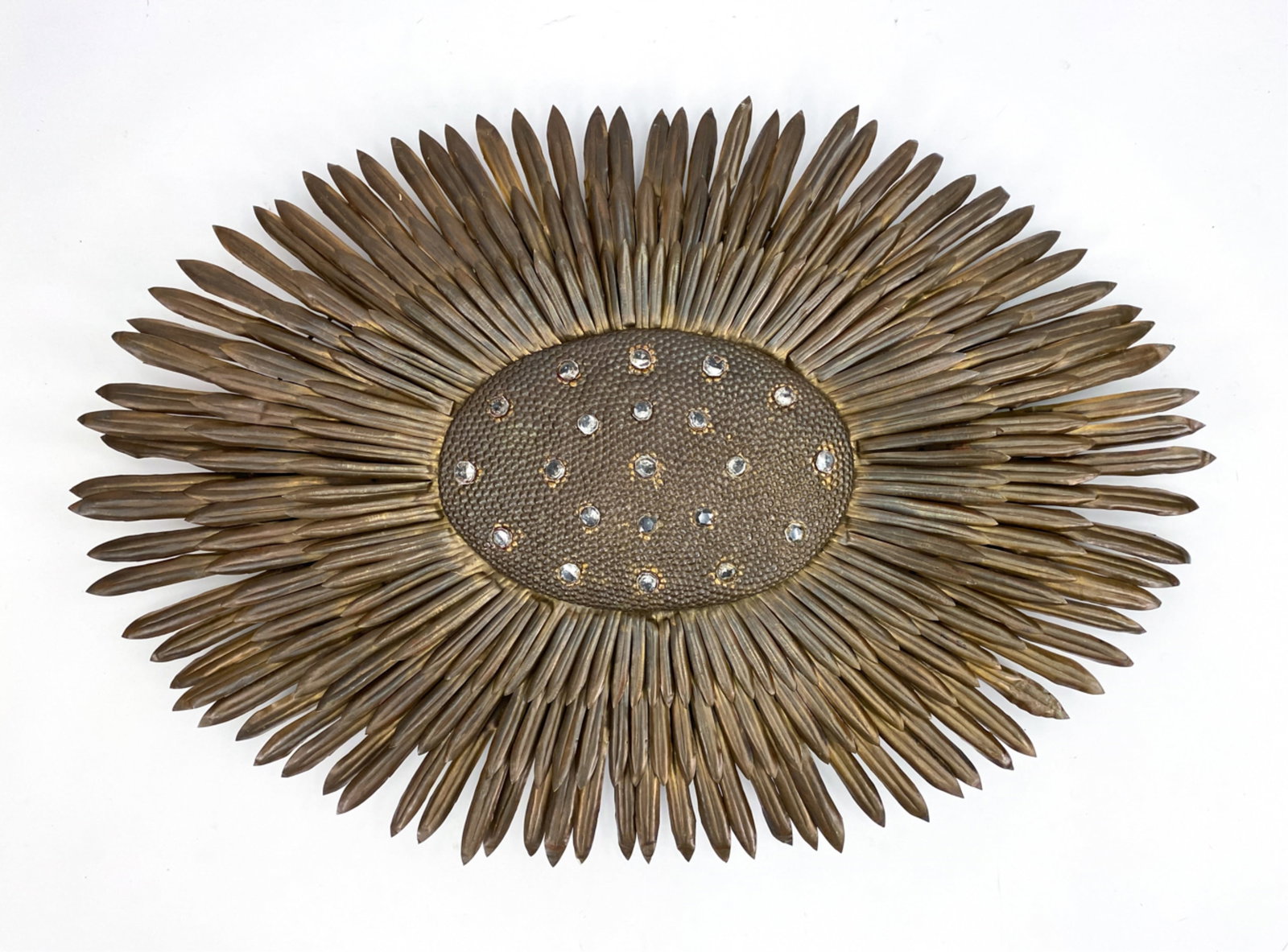 TOLE METAL & GLASS SUNFLOWER CHANDELIER: Sunflower form. Unsigned. Dimensions: (Fixture as photographed) H 5.5" x W 50" x D 35" Condition: Not tested. Bends to several petals including some light rust. As shown.