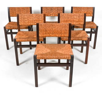 (6) MARTIN VISSER 'T SPECTRUM OAK SE82 CHAIRS: (6) Model SE82 dining side chairs in oak and woven rush, designed by Martin Visser for 't Spectrum; Netherlands, c. 1960's. Spectrum Meubelen Netherlands label under. Dimensions: H 28.25" x W 18.5" x