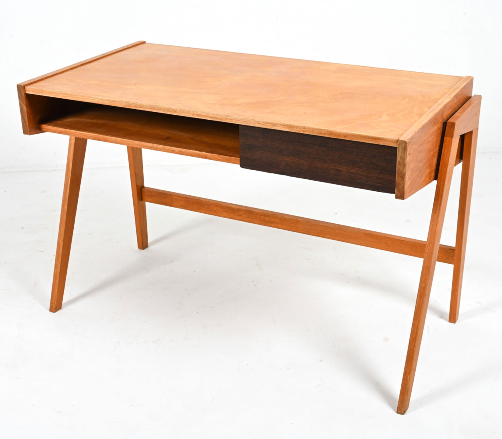 DUTCH BIRCH & EXOTIC WOOD WRITING DESK, C. 1960 (1 of 14)