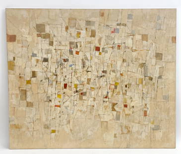 DAN ASHER (1947-2010) ABSTRACT O/C: Large abstract oil on canvas, signed, dated 78'. Titled ultimate field on overlap. Dimensions: H 50" x W 60" Condition: Unvarnished, some surface soiling. Few stray marks to the canvas.