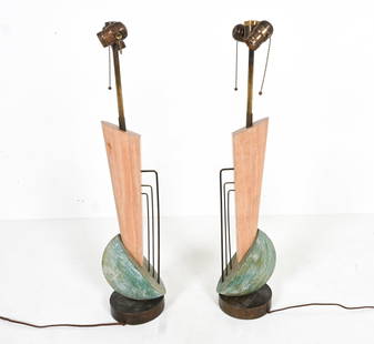 PAIR OF MID-CENTURY SCULPTURAL MODERN LAMPS: Possibly designed by Paul Laszlo. Carved and painted wood with brass accents; on brass bases. Dimensions: H 29.75" x W 6.75" x D 5.5". Condition: Wiring untested. Brass wires slightly loose