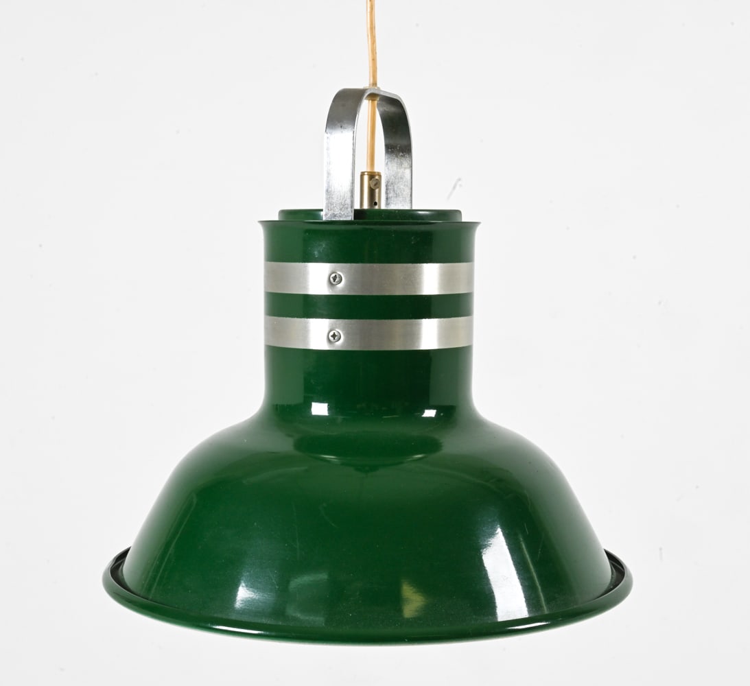 PER SUNDSTEDT FOR KOSTA "BUCKET" PENDANT LIGHT: Model 1535 pendant lamp in green lacquered sheet metal, from Per Sundstedt's iconic "Bucket" series for Kosta Lampan. Sweden, c. 1970's. Kosta label with model number near top. Dimensions: (Pendant on