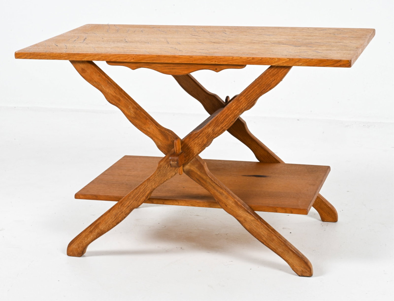 DANISH QUARTER-SAWN OAK BAR TABLE: Circa 1960's. Dimensions: H 18.5" x W 28.25" x D 15.5". Condition: Small scuffs, scratches, dings. Once had casters in feet, holes still present. DME 144