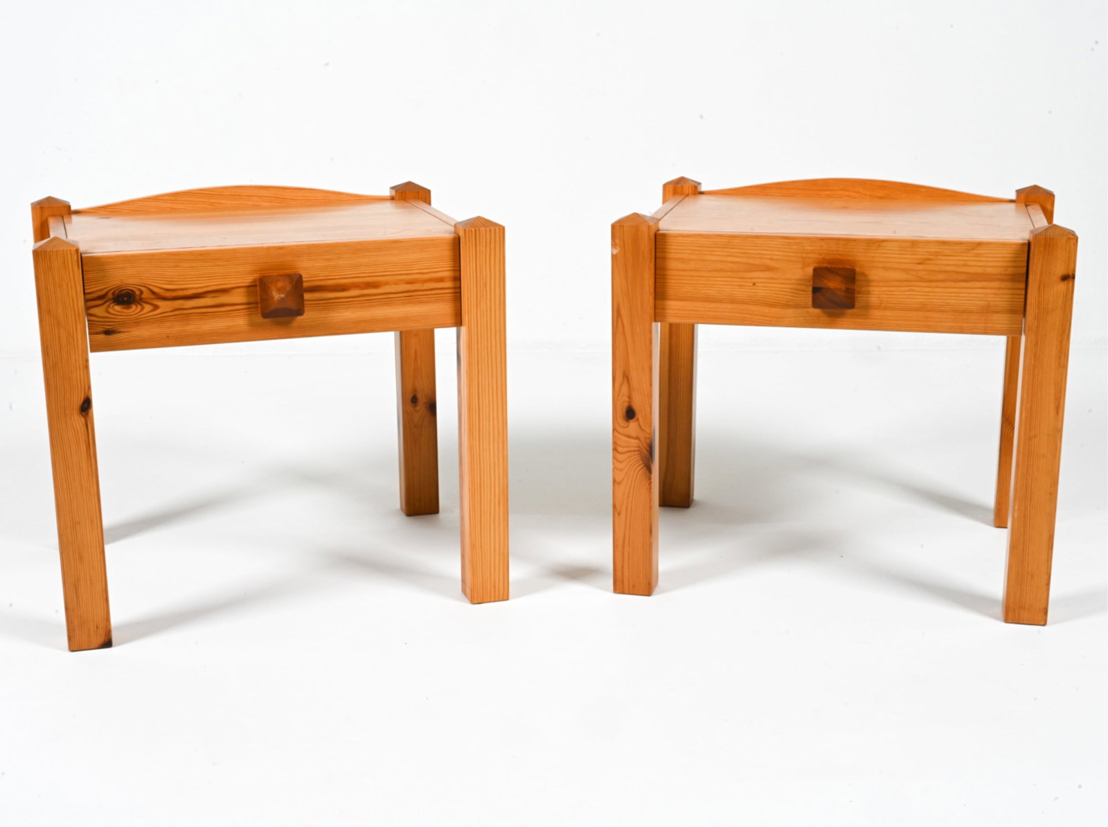 PAIR OF SWEDISH MODERN PINE NIGHTSTANDS: Circa 1970's. Dimensions: H 19.5" x W 21.75" x D 17.75". Condition: Light scuffs, marks of discoloration on top. DME 153