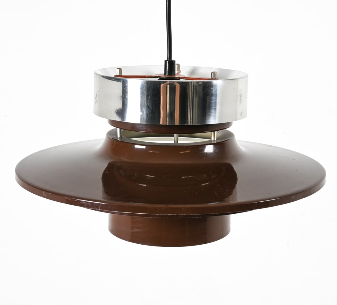 MANNER OF CARL THORE ALUMINUM PENDANT LIGHT: Lacquered and chrome-finished aluminum. Possibly a Carl Thore design. Denmark, c. 1970's. Dimensions: (Pendant only) H 8" x Dia. 14.5". Condition: Wiring not tested. No canopy present. A few scratches