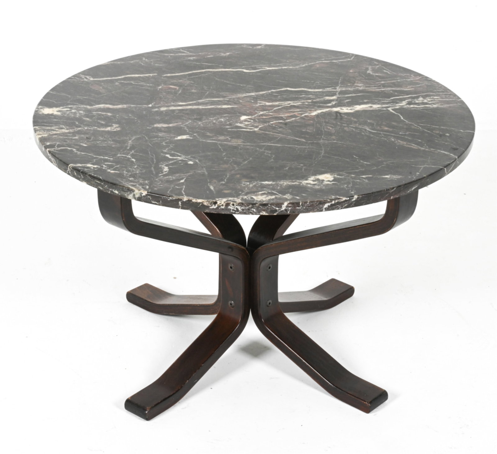 SCANDINAVIAN BENTWOOD & MARBLE SIDE TABLE: Top is removable. Circa 1960's. Dimensions: H 20.25" x Dia. 31.5". Condition: Scuffs, scratches to table base on legs. DME 049