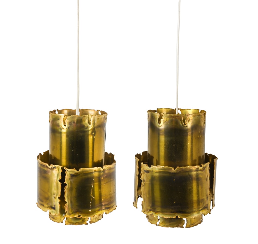 (2) SVEND AAGE HOLM SORENSEN BRUTALIST PENDANTS: Torch-cut brass. Danish, circa 1970's. Dimensions: H 19" x Dia. 6.5". Condition: Wire cut, will need to be rewired. Some marks of discoloration on interior. DME 039
