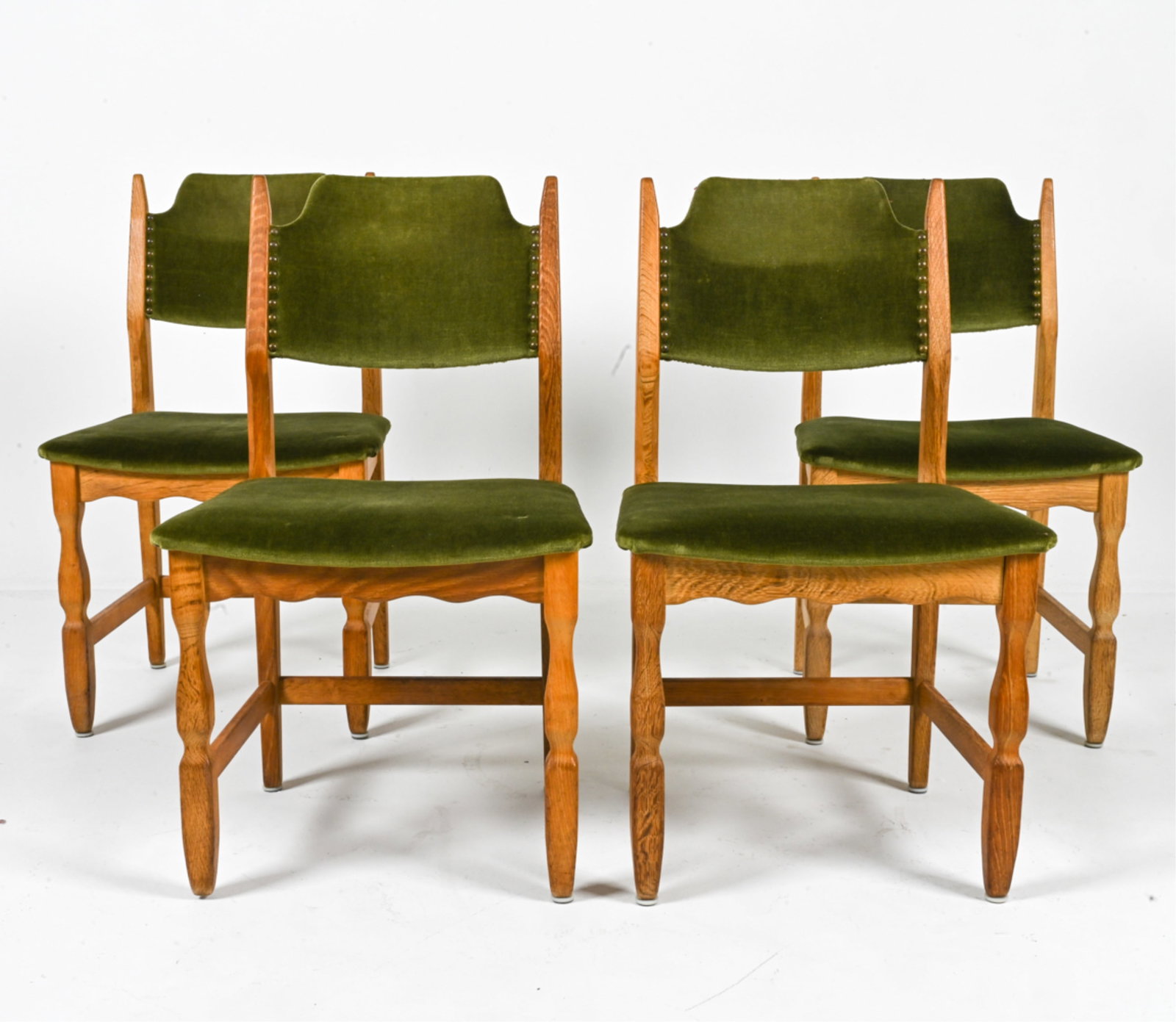 (4) HENNING KJAERNULF OAK & MOHAIR SIDE CHAIRS: Designed by Henry (Henning) Kjaernulf. Denmark, c. 1960's. Dimensions: H 33.5" x W 18.5" x D 19.5" x SH 17.75". Condition: Frames with minor sun fading, a few water spots and scuffs. Spots of soiling 