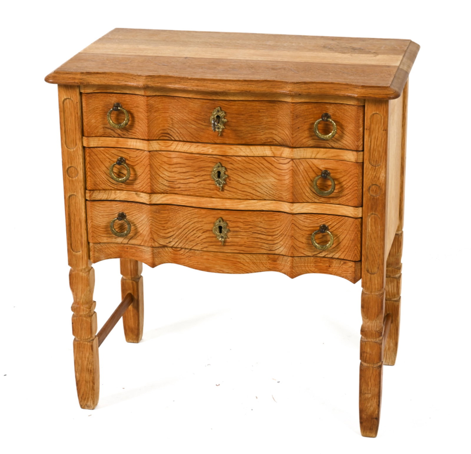 ATTR. HENNING KJAERNULF FOR NYRUP OAK NIGHTSTAND: With "Scan Rustik" export label on back panel. Key included. Scandinavian, circa 1960's. Dimensions: H 27.25" x W 26" x D 16". Condition: Some discolored areas on top. Wear expected from age and use. 