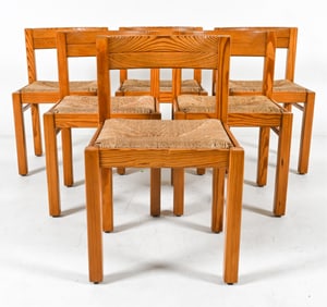 (6) DUTCH MODERN PINE & RUSH DINING CHAIRS