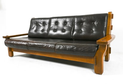 BRUTALIST OAK & LEATHER 3-SEAT SOFA