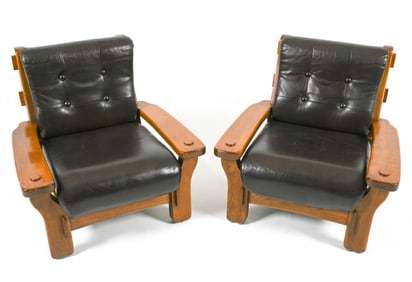 (2) BRUTALIST OAK & LEATHER LOUNGE CHAIRS, 1970'S