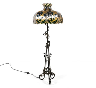 1970'S LEADED GLASS AND WROUGHT IRON FLOOR LAMP