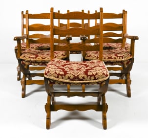 (6) GERMAN BRUTALIST OAK CURULE DINING CHAIRS