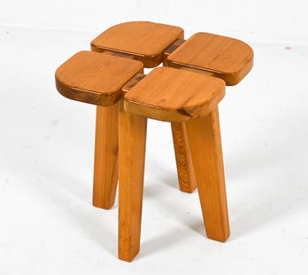 RAUNI PEIPPO FOR STOCKMANN ORNO "APILA" STOOL: Pine "Apila" (clover) stool by Rauni Peippo for Stockmann Orno, Finland, c. 1950's-1960's. Dimensions: H 15.75" x W 13.5" x D 13.5". Condition: Showing light normal signs of age and use. PF016