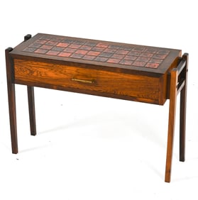 SWEDISH ROSEWOOD AND CERAMIC TILE CONSOLE TABLE