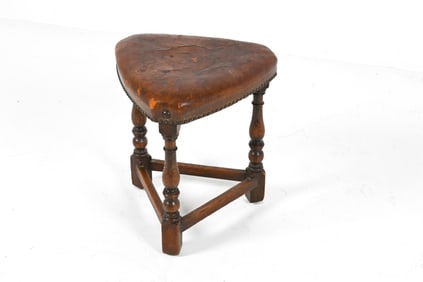 DUTCH OAK & LEATHER THREE-LEGGED STOOL, C. 1930'S
