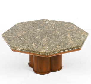 GERMAN WALNUT & MICA STONE COFFEE TABLE, C. 1970'S