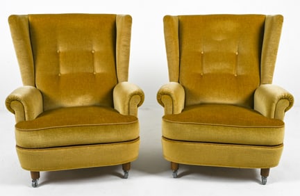 PAIR OF GERMAN MOHAIR WINGBACK LOUNGE CHAIRS