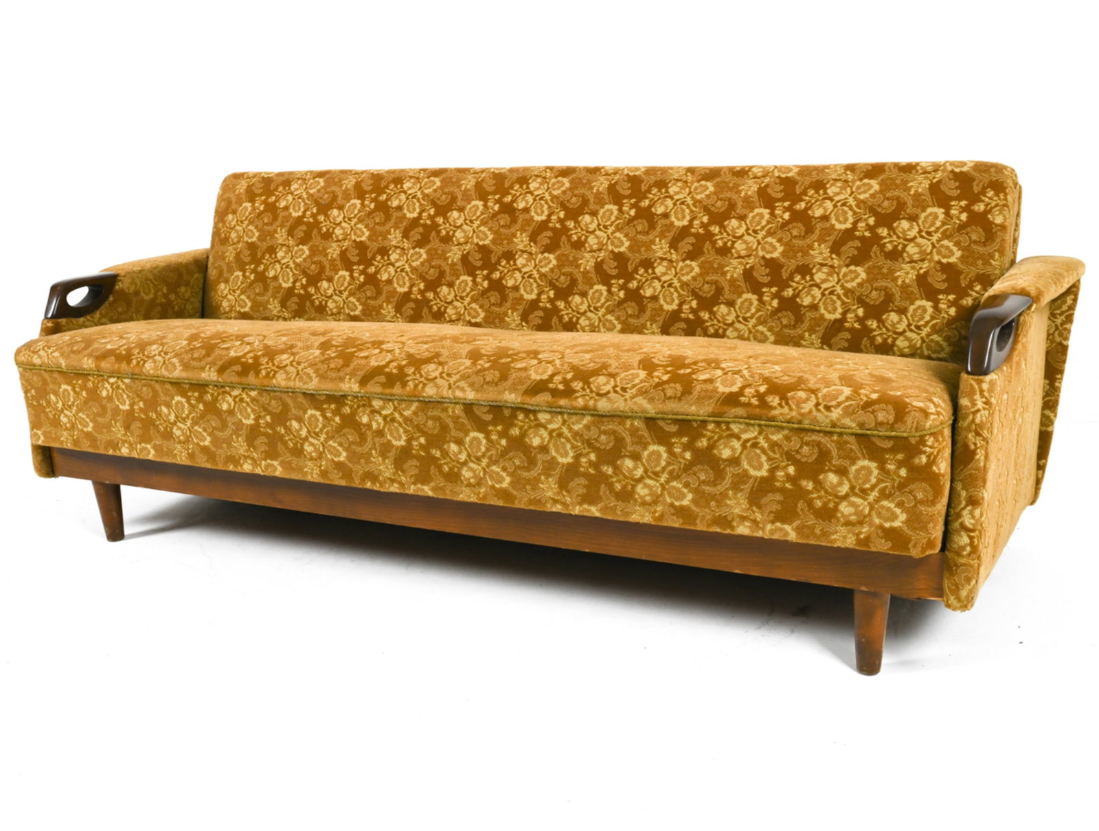 MANNER OF CHRESTEN FINDAHL DAYBED-SOFA: With looped paw arms, in the style of Chresten Findahl. Upholstered in damask cut velvet jacquard fabric. Wood appears to be beech or oak. Europe, 1960's. Dimensions: H 30" x W 82" x D 33" x SH 18" Co