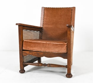 DUTCH ART DECO AMSTERDAM SCHOOL CANED OAK ARMCHAIR