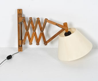 DUTCH OAK SCISSOR-ARM WALL LAMP, C. 1960'S