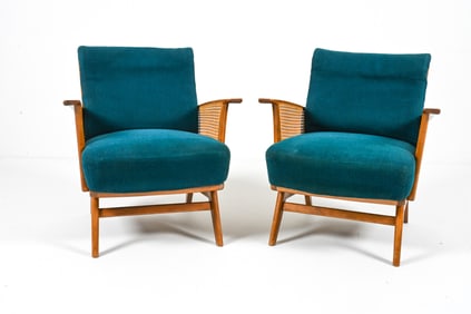 PAIR OF LOUNGE CHAIRS WITH CANED ARMS, C. 1950'S