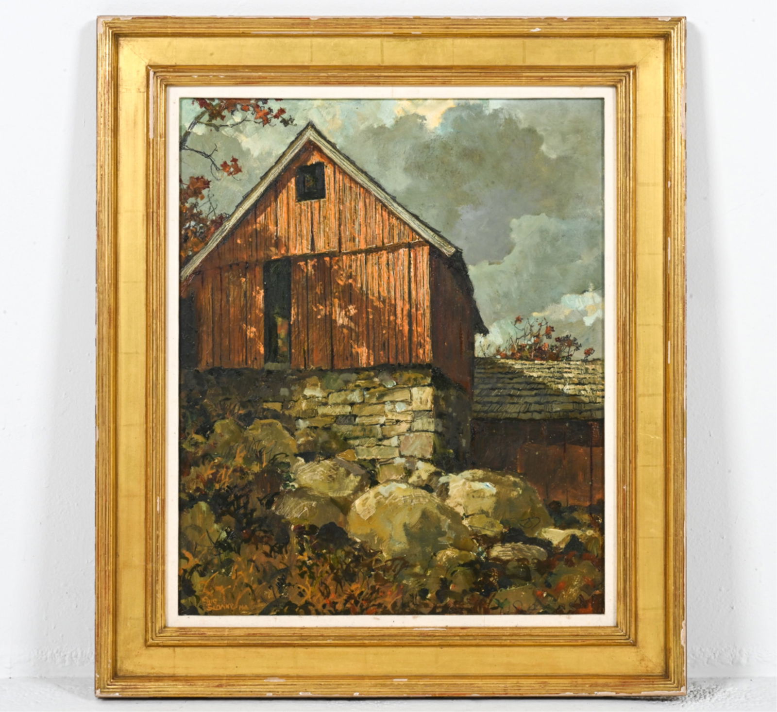 ERIC SLOANE (1910-1985) OIL ON MASONITE: New England barn. Signed lower left. With paperback book by the artist, titled "I Remember America" (1971). Provenance: Purchased from Cricket Hill Antiques for $6,000 in 1986. With copy of original r