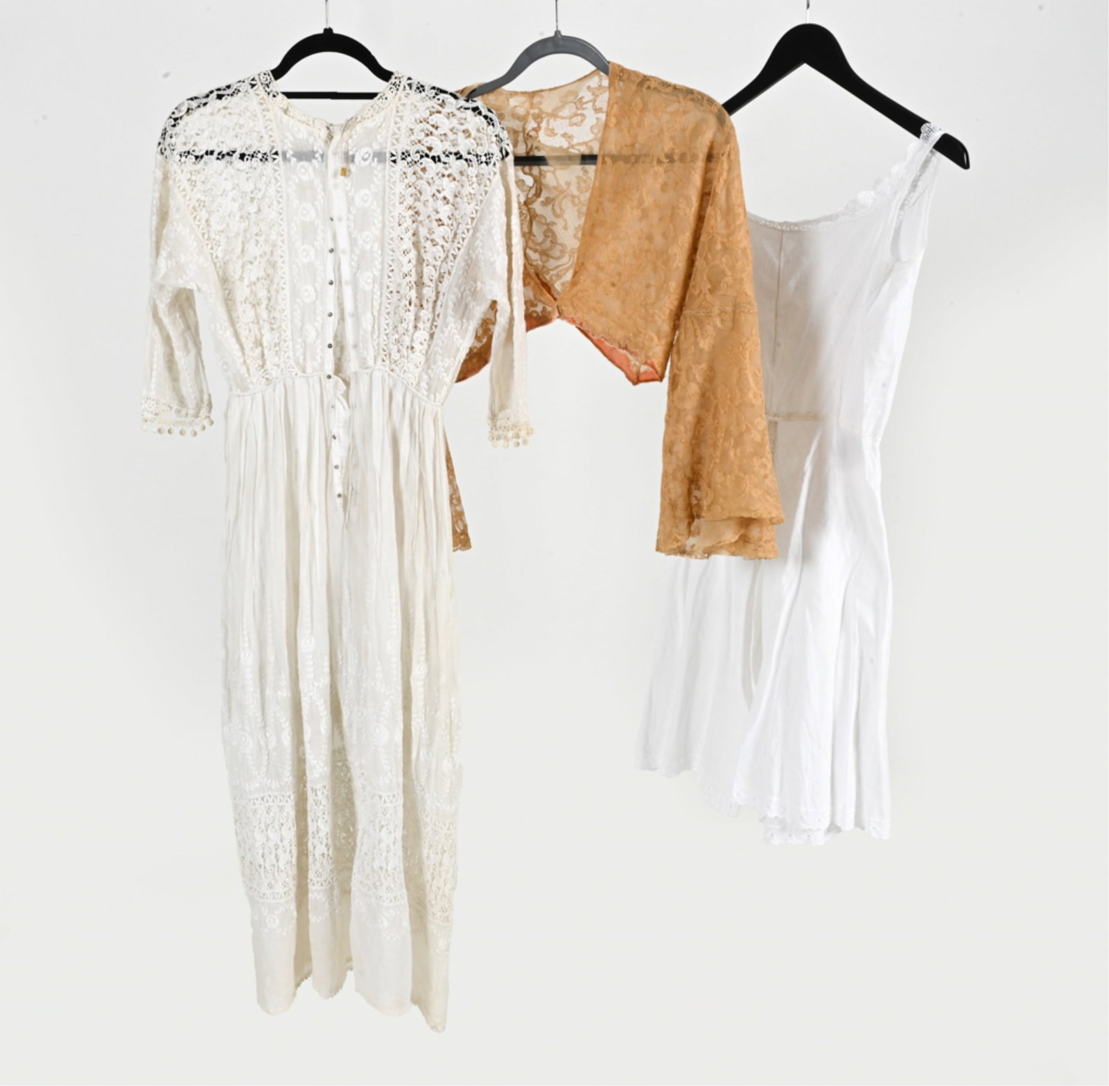 GROUPING OF EDWARDIAN CLOTHING & LINGERIE: Includes: white cotton and lace dress, approx. waist size 25"; silk chiffon and mesh lace jacket with silk velvet trim, approx. waist size 30"; and white cotton chemise with shorts and lace trim, appr