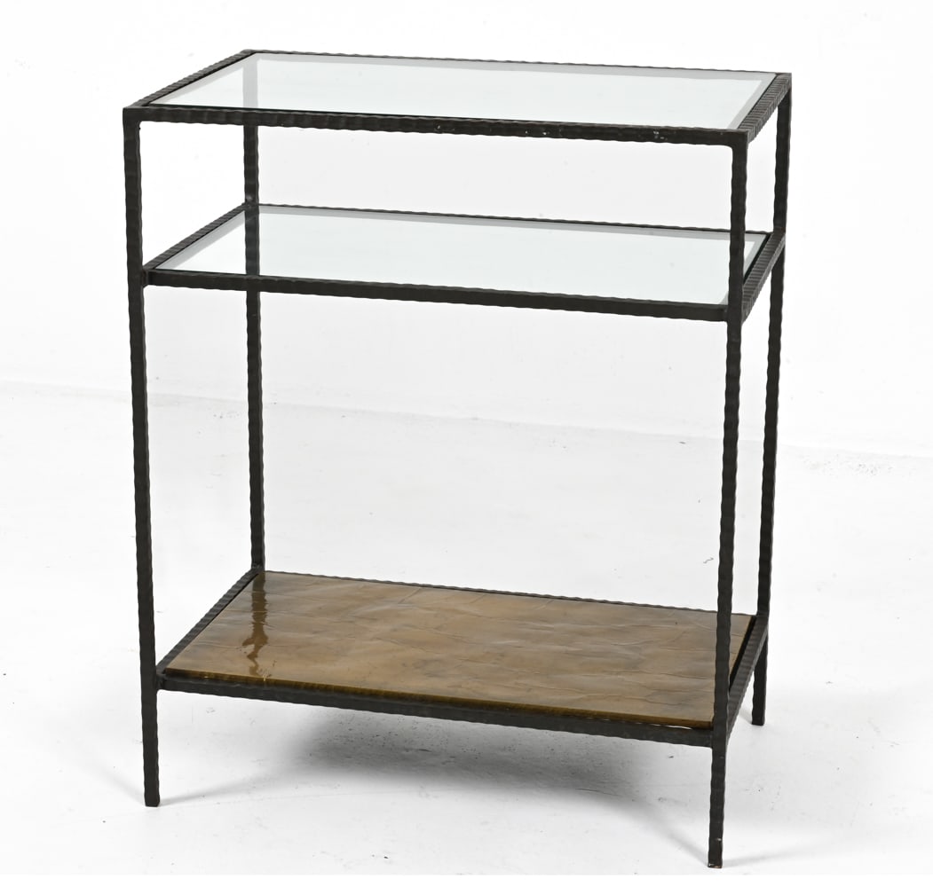 ARTERIORS 'SINCLAIR' METAL & GLASS SIDE TABLE: Signed underneath. Dimensions: H 24.25" x W 20" x D 13". Condition: Presents very well. Intentionally patinated metal finish; a few scratches to glass. Very slight warping to bottom tier.