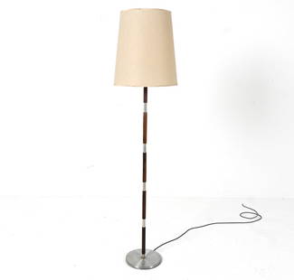 ATTR. JO HAMMERBORG ROSEWOOD & ALUMINUM FLOOR LAMP: Floor lamp in rosewood and brushed aluminum, attributed to Jo Hammerborg for Fog & Morup. Denmark, c. 1970's. Dimensions: With Shade H 64" x Dia. 16". Condition: Wire cut, requires rewiring. Scuffs an