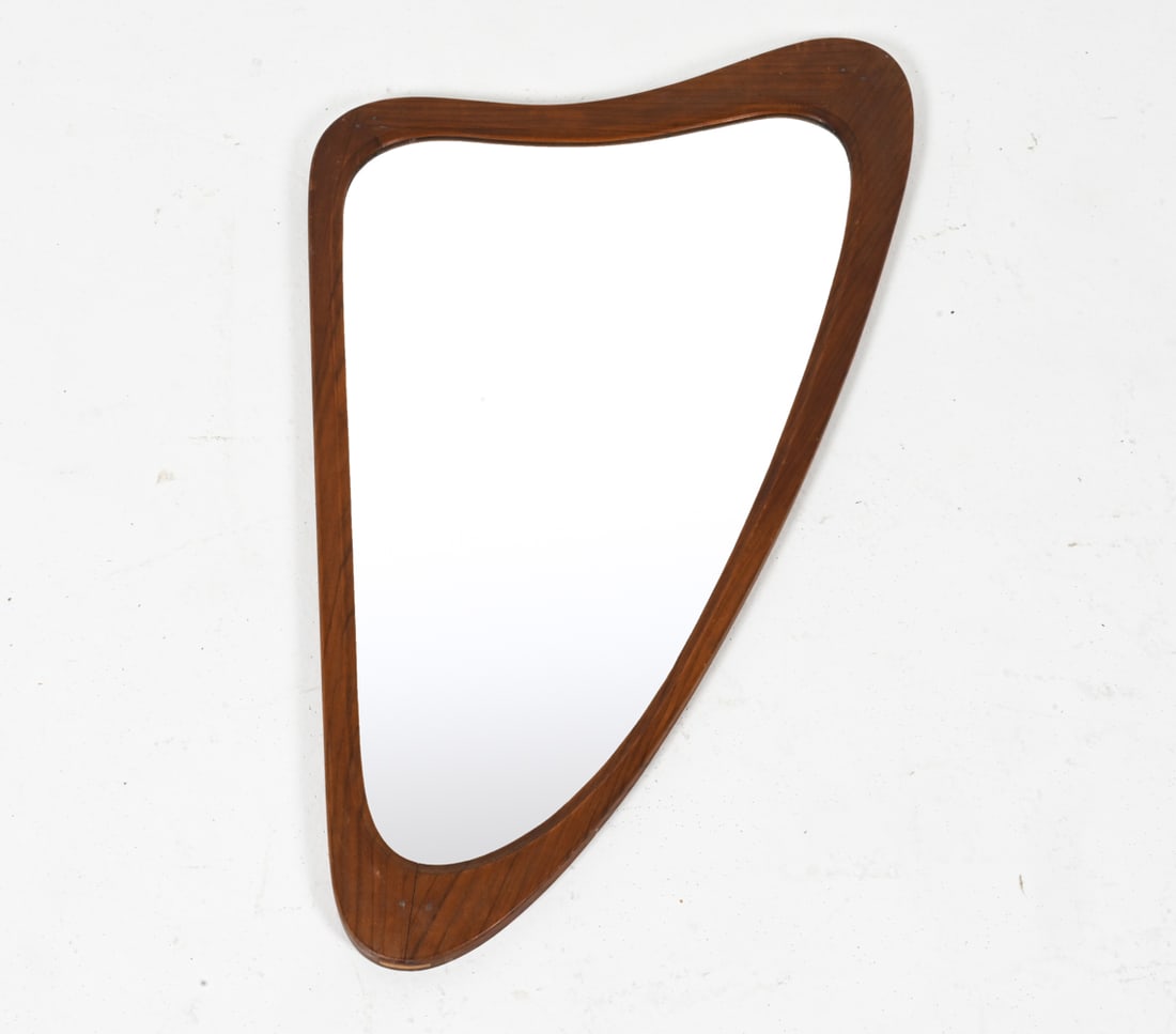 DANISH ORGANIC MODERN TEAK MIRROR: Harp form. Danish, circa 1970's. Dimensions: H 31" x W 18". Condition: Light scratches and scuffs to glass, edges of wood.