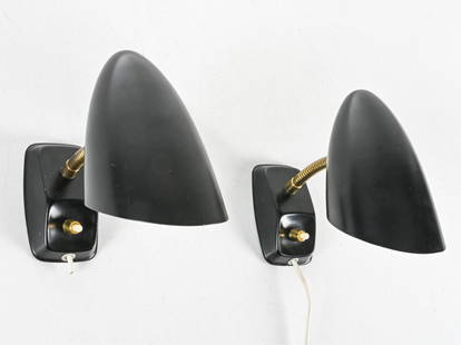 (2) MANNER OF VILHELM LAURITZEN WALL SCONCES: Mid- to Late 20th Century. Dimensions: 8" x W 3.75" x D 6.25". Condition: will need wiring, Some spots of discoloration inside shades. C094