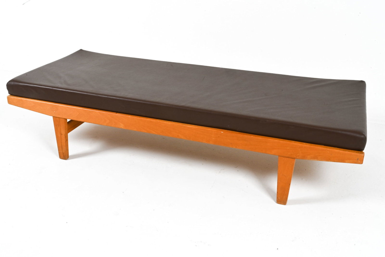 POUL VOLTHER FOR FDB MOBLER OAK DAYBED, C. 1960'S: With vinyl cushion. Denmark, c. 1960's. Dimensions: H (with cushion) 17" x W 74.25" x D 31.5". Condition: Scuffs, marks of discoloration on slats, sides. C002
