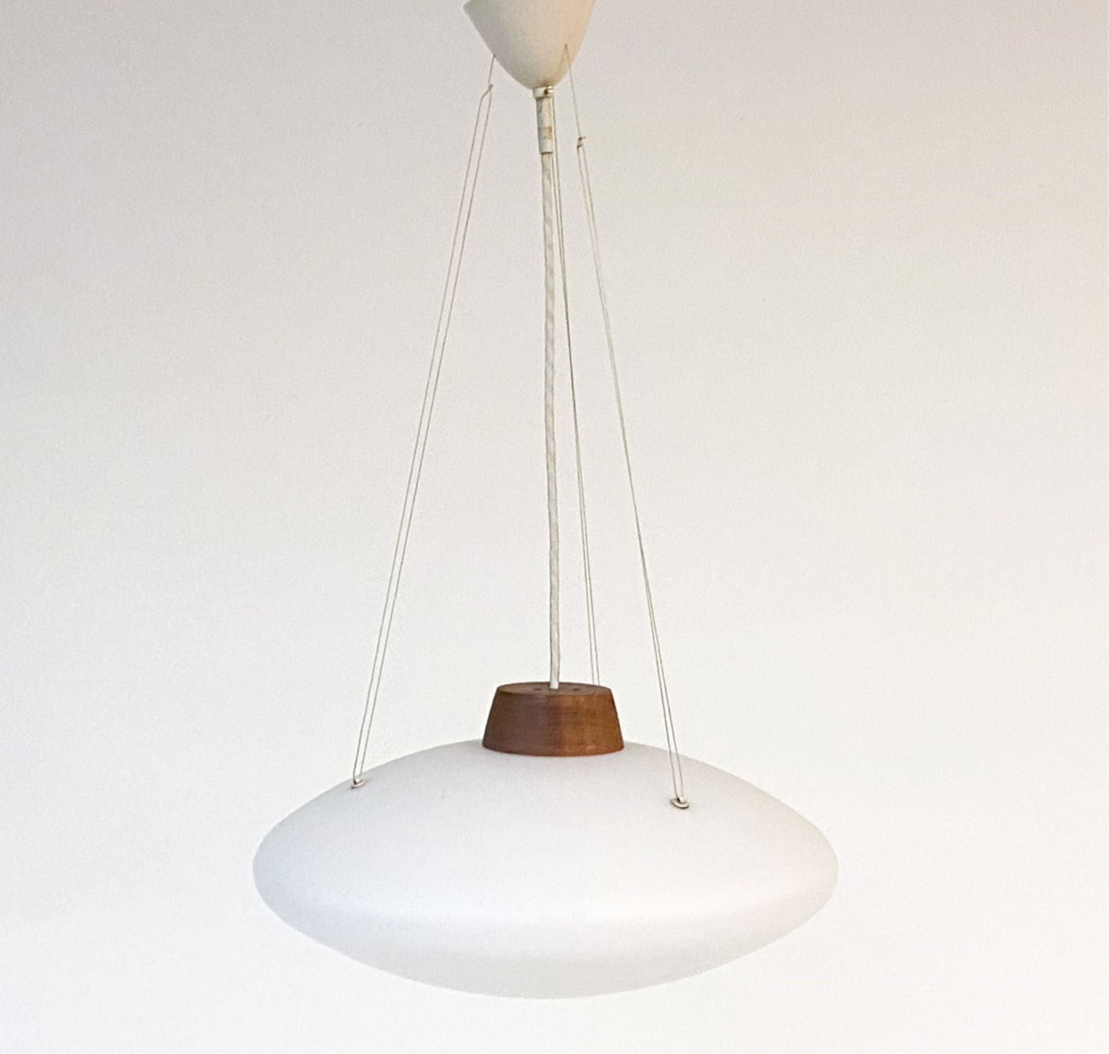 MID-CENTURY TEAK & CASED GLASS SAUCER PENDANT (1 of 9)