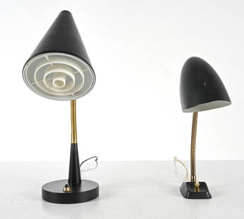 (2) MANNER OF VILHELM LAURITZEN TABLE LAMPS: Mid- to Late 20th Century. Dimensions: Largest H 16.5" x W 7.25" x D 5.25". Condition: Wires cut, requires rewiring. Some discoloration on stem, scuffs to finish on shade of smaller lamp. C095