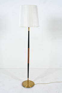 SCANDINAVIAN TEAK-ACCENTED FLOOR LAMP, C. 1970'S: Black powder-coated and goldtone-finished metal, with teak accent. Possibly designed by Jo Hammerborg. Dimensions: (With shade) H 66.5" x Dia. 16.75". Condition: Cord cut; lamp will require rewiring.