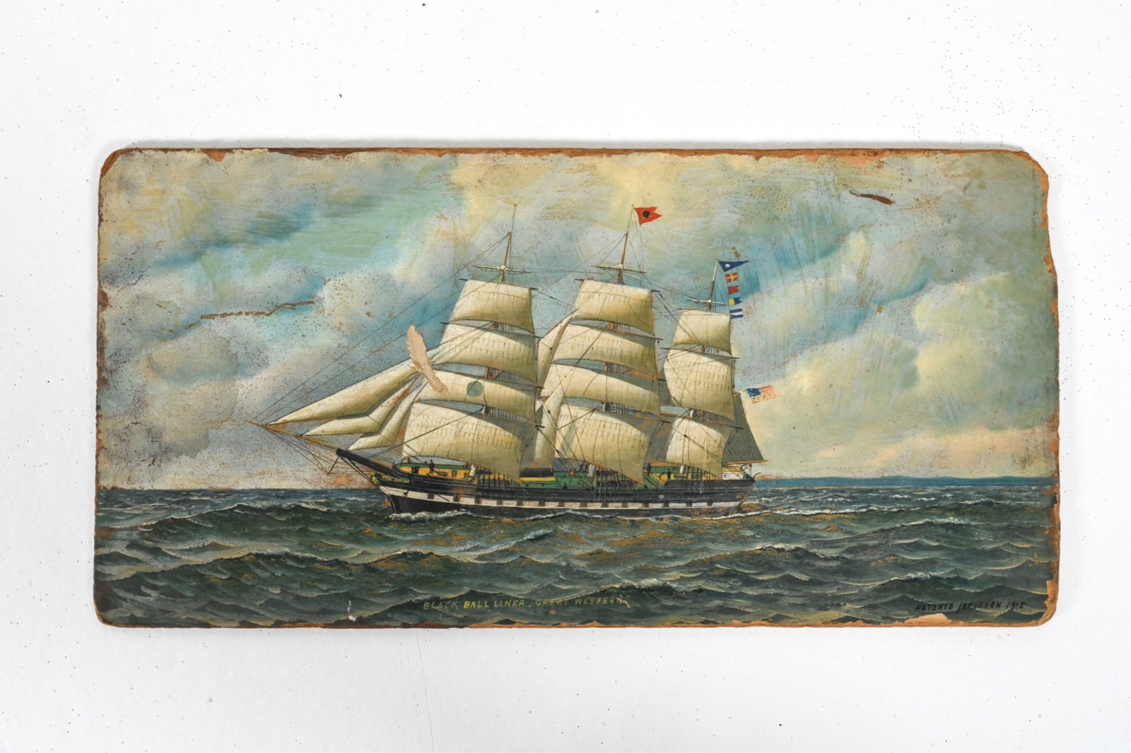 ANTONIO JACOBSEN, DANISH (1850-1921) O/B SHIP 1915: Titled "Black Ball Liner 'Great Western'" lower center, signed and dated 1915 lower right. Dimensions: H 10" x W 20" Condition: Unframed. Surface grime, areas of paint loss throughout; large dent to b