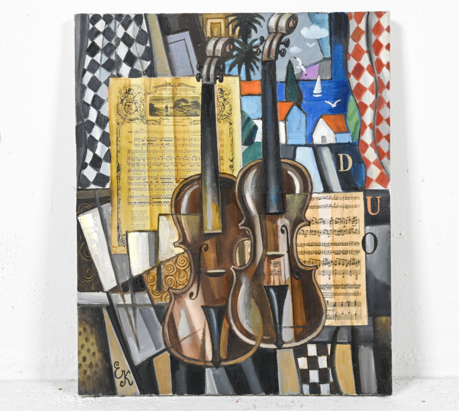 ELENA KHMELEVA, RUSSIAN (B. 1966) MIXED MEDIA: "Duo" (2021). Oil on canvas with collage elements. Initialed lower left and signed verso. Includes certificate of authenticity, signed by the artist. Dimensions: H 18" x W 15". Condition: Unframed. Mi