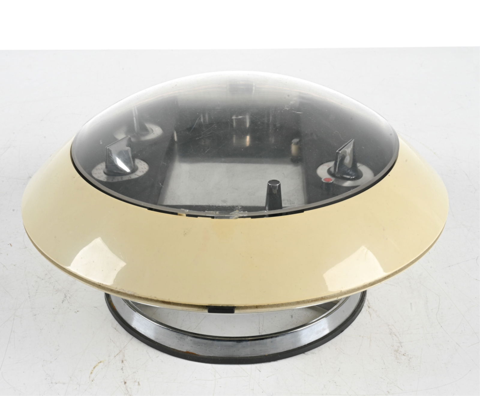 SPACE AGE ORAL COMPANY 'SL MIRACLE' CASSETTE DECK: Circa 1970's. Dimensions: H 6.5" x Dia. 13". Condition: Wiring untested. Some toning to plastic from age. Presents well overall.