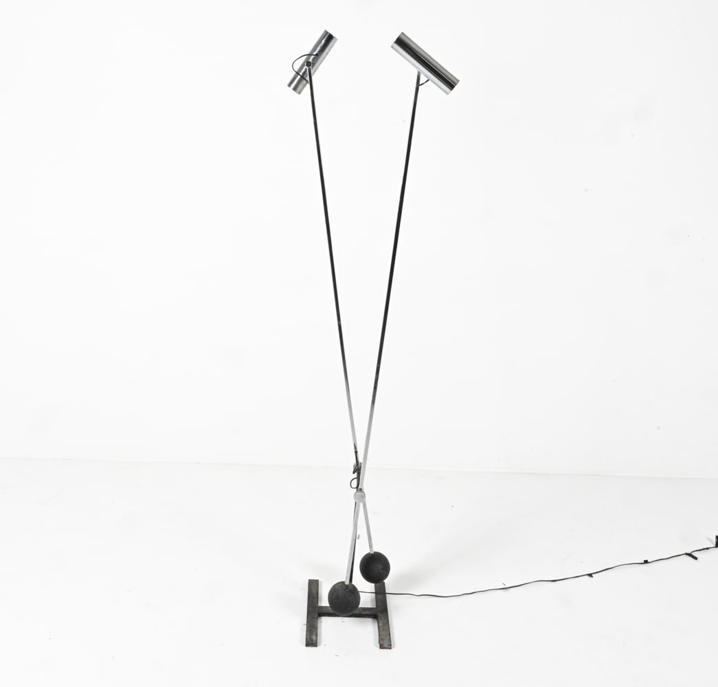 ROBERT SONNEMAN DOUBLE COUNTERBALANCE FLOOR LAMP: Chromed and powder-coated steel. Robert Sonneman for Sonneman Lighting, USA, c. 1970's. Dimensions: H 76.25" x W 14.25" x D 11". Condition: Wiring untested. Wire appears frayed and damaged in places;