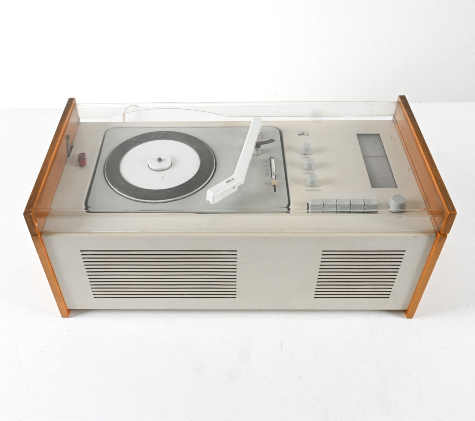 DIETER RAMS HANS GUGELOT BRAUN SK-61 TURNTABLE: Designed by Dieter Rams & Hans Gugelot for Braun, "Phonosuper Schneewittchensarg". Model SK 61. Germany, circa 1960's. Dimensions: H 9.75" x W 23" x D 11.5". Condition: Wiring untested. Minor chips, s