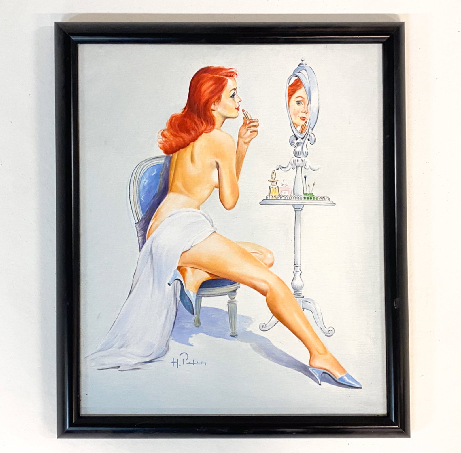 AFTER ERNEST CHIRIACKA OIL ON CANVAS PINUP: Signed indistinctly "H. P_" lower left. Dimensions: (Frame) H 24.25" x W 20.5". (Canvas) H 21.5" x W 17.75". Condition: Painting with light surface grime. A few scuffs to frame.