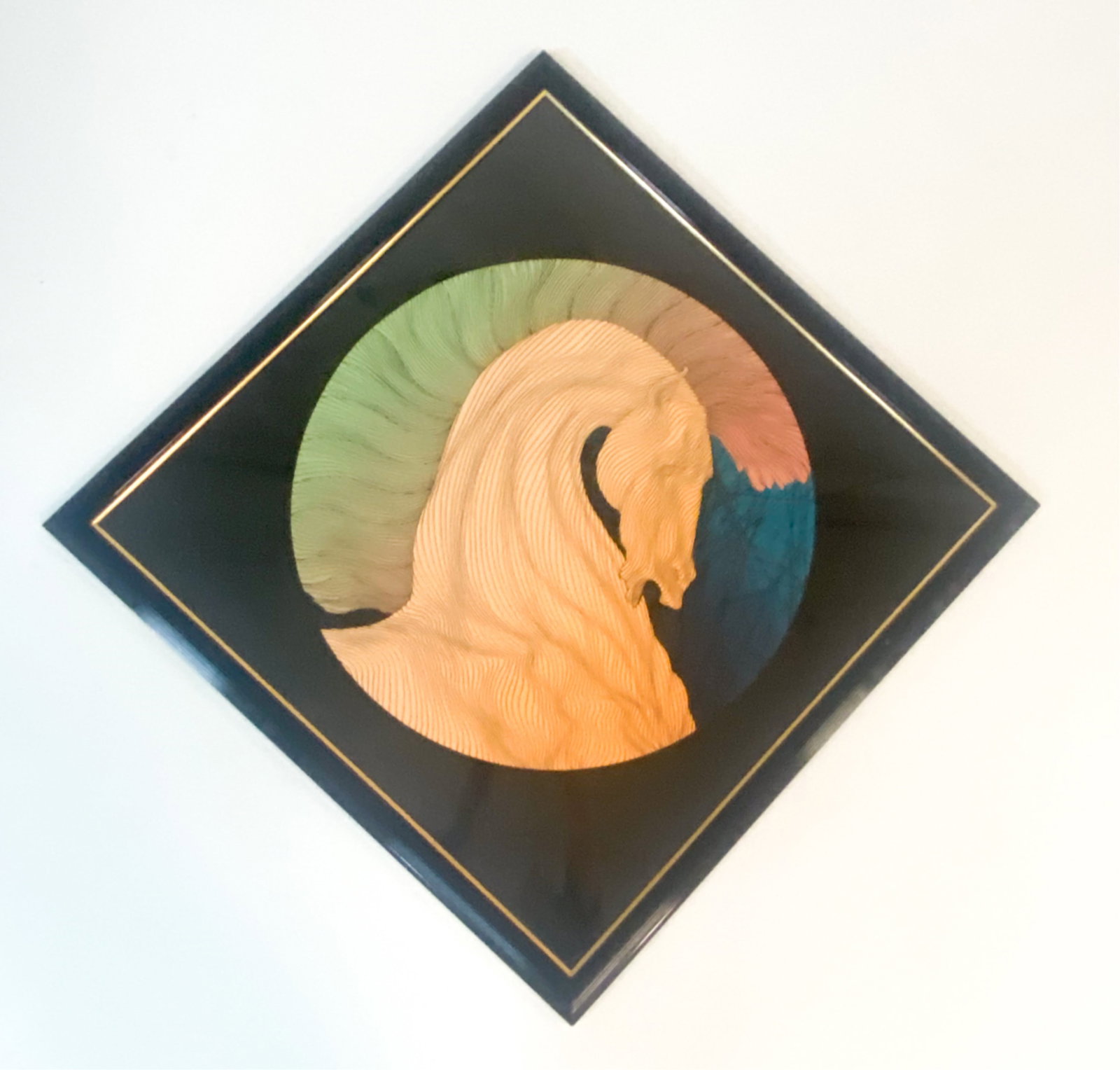 GUILLAUME AZOULAY, MOROCCAN (B. 1949) SCREENPRINT: "Le Cavalier" (1987). Large format screenprint on diamond-shaped paper. Signed in pencil lower right; editioned 140/175, titled and dated lower center. Dimensions: (Frame) H 57" x W 57" ; (Image) Dia.