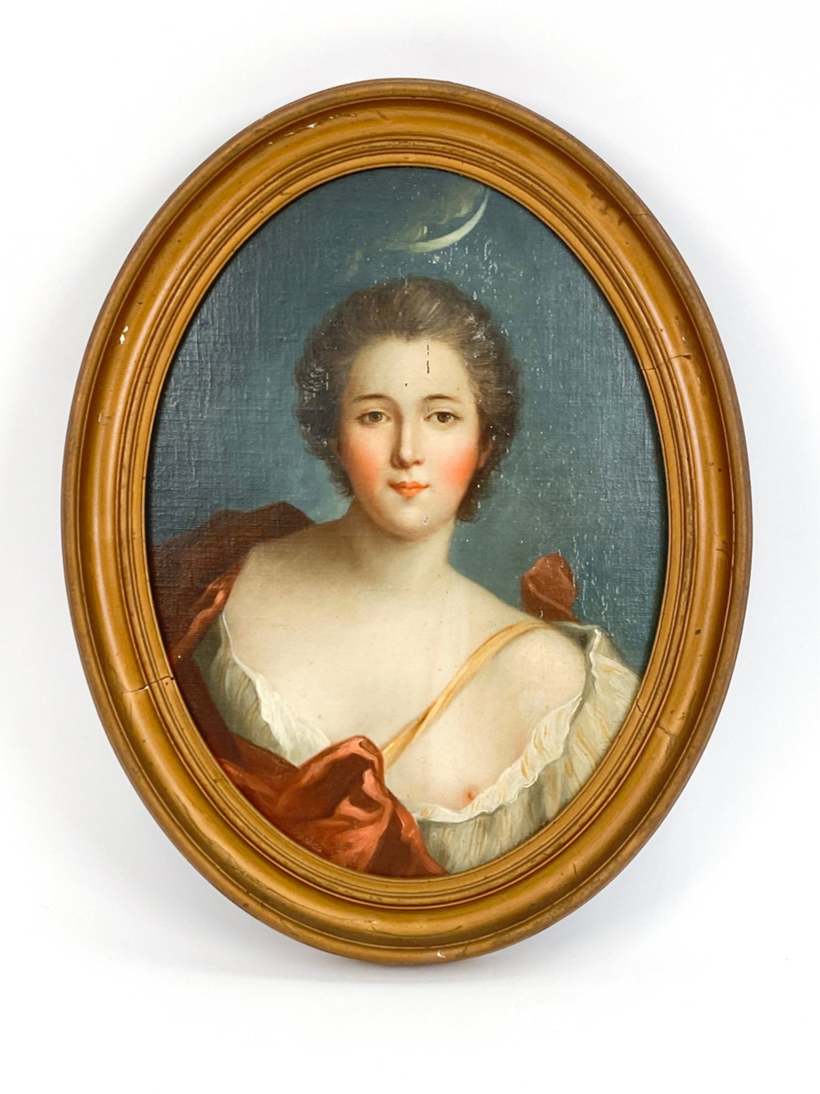 FOLLOWER OF JEAN-MARC NATTIER PORTRAIT: Oil on canvas, oval form, laid down on panel. Apparently unsigned. Dimensions: (Frame) H 20.5" x W 16" (Panel) H 17.5" x W 13" Condition: Painting cleaned. Unrestored with scattered surface losses. Da