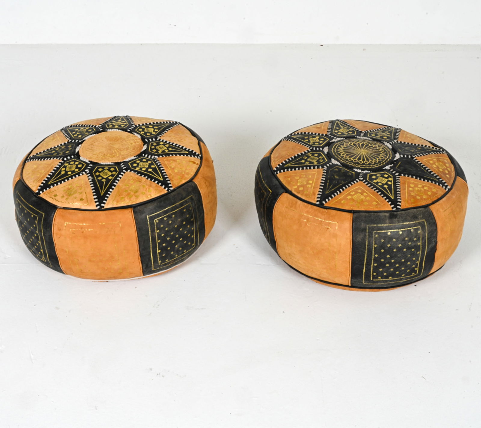 (2) MOROCCAN STYLE TOOLED LEATHER POUF OTTOMANS (1 of 11)
